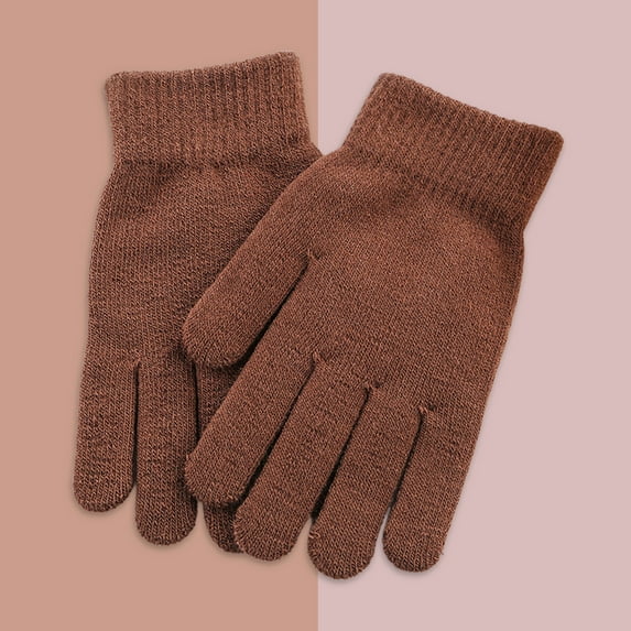 Opolski 1 Pair Winter Gloves Knitting Thicken Solid Color Full Fingers Elastic Keep Warm Anti-slip Breathable Women Winter Gloves for Outdoor Coffee