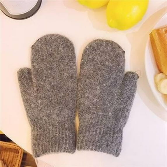 Opolski 1 Pair Women Winter Mittens Faux Rabbit Fur Fleece Solid Color Knitting Elegant Keep Warm Elasticity Full Fingers Skiing Mittens for Daily Wear Dark Gray