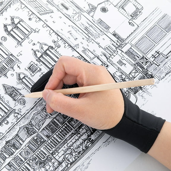 Opolski 1 Pcs Drawing Gloves Breathable Prevent Mess Up Anti-mistouch Function Artist Gloves Stretchy Soft Fabric Protect Screen with Two Finger Three-layered Sketching Gloves for Painter Black