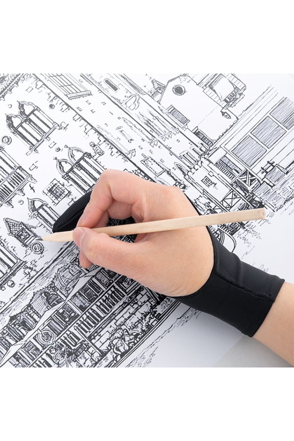 1 Pcs Drawing Gloves Breathable Prevent Mess Up Anti-mistouch Function Artist Gloves Stretchy Soft Fabric Protect Screen with Two Finger Three-layered Sketching Gloves for Painter Black