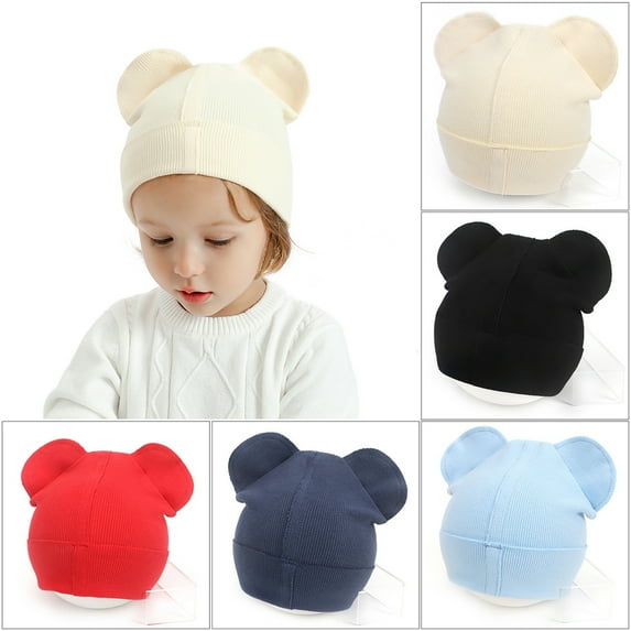Opolski 1 Set Baby Hat Mittens Dual Ears Stretchy Thicker Soft Cozy Keep Warm Solid Color Autumn Winter Infant Boys Girls Cap Gloves for Outdoor Black