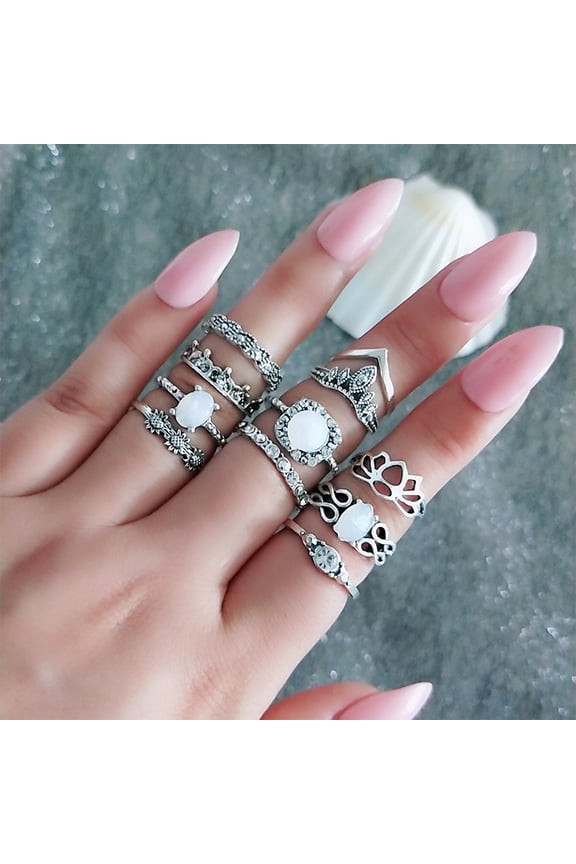 11Pcs Women Jewelry Set Faux Opal Rhinestone Knuckle Stacking Joint Rings Band