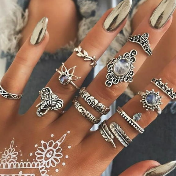 Opolski 12Pcs Women Vintage Boho Faux Gemstone Rhinestone Jewelry Knuckle Stacking Rings