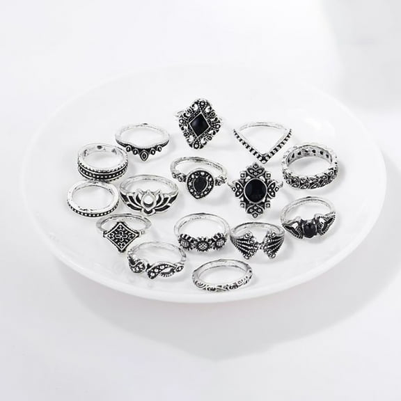 Opolski 15Pcs/Set Women Hollow Lotus Sunflower Geometric Faux Gem Stacking Finger Ring