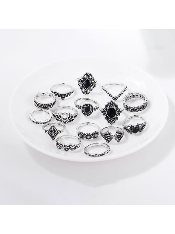 15Pcs/Set Women Hollow Lotus Sunflower Geometric Faux Gem Stacking Finger Ring