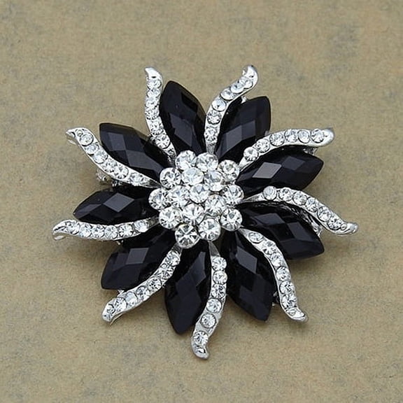 Opolski 1PC Women's Xmas Gift Blossom Flower Brooch Black Crystal Rhinstones Collar Pin
