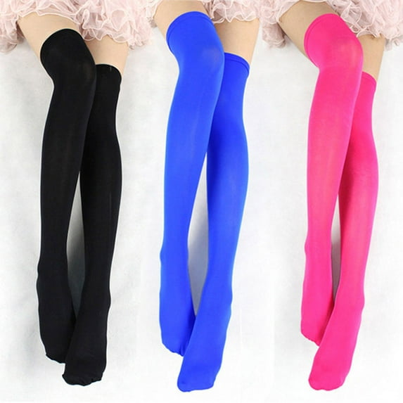 Opolski 2 Pair Thigh High Stockings Sexy Stretchy Plain Thin Breathable Leg Slimming Velvet Candy Color Women Over Knee Socks for Daily