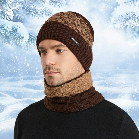 Opolski 2 Pcs/Set Winter Cap Scarf Set Elastic Knitting Contrast Color Soft Thick Cold-proof Windproof Unisex Autumn Hat Scarf Set for Daily Wear Brown