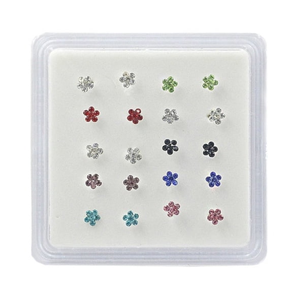 Opolski 20Pcs/Box Women Flower Rhinestone Silver Plated Nose Stud Body Piercing Jewelry