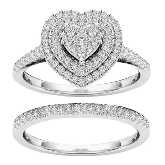 Opolski 2Pcs/Set Ring Attractive Decorative Alloy Delicate Heart Shape Rhinestone Women Bridal Ring for Wedding