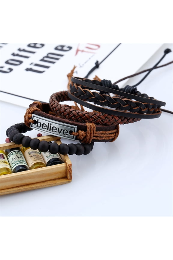 4Pcs/Set Fashion Adjustable Faux Leather Braided Rope Letters Brown