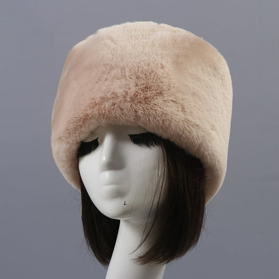 Opolski Beanie Flat Top Windproof Brimless Russian Style Women Thick Fluffy Faux Fur Winter Hat White