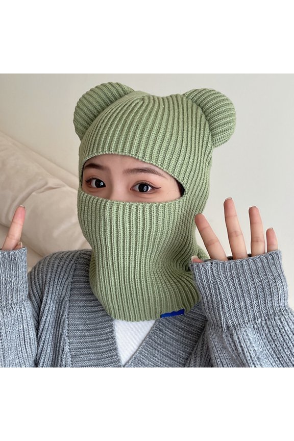 Bear Ears Solid Color Ear Knitted Scarf Cap Unisex Winter Outdoor Riding Integrated Scarf Beanie Hat Costume Accessories Light Green