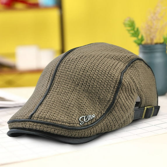 Opolski British Style Adjustable Buckle Thickened Fleece Lining Beret Hat Winter Flat Peaked Mid-aged Men Knitting Forward Hat Costume Accessories Yellow