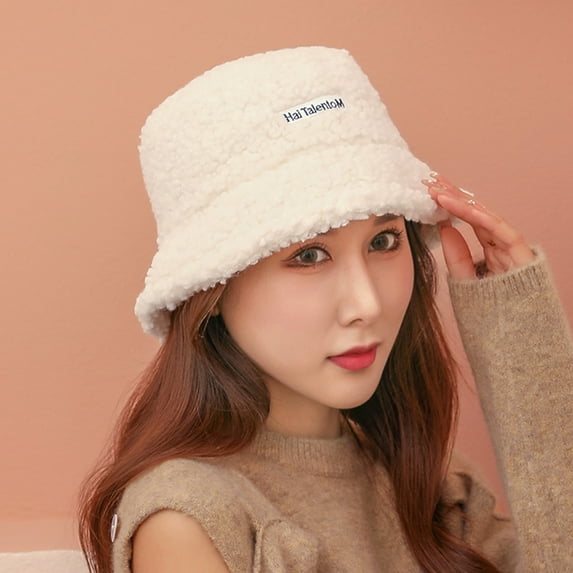 Opolski Bucket Hat Fashion Letter Label Fluffy Japanese Style Thickened Casual Keep Warm Sherpa Autumn Winter Thermal Fisherman Cap for Daily Life White