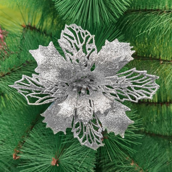Opolski Christmas Artificial Flower Glitter Golden Powder Hollow Out DIY Realistic Scene Layout Wreath Accessories Xmas Tree Decoration Fake Flower Blue
