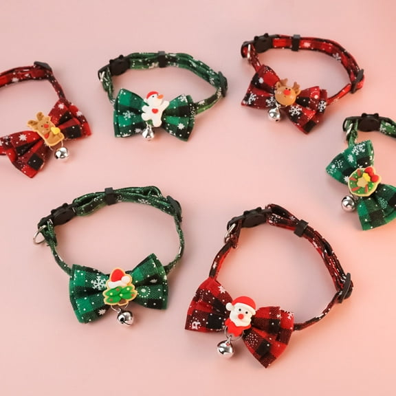 Opolski Christmas Pet Collar Big Bowknot Adjustable Cat Head Buckle Festival Decorative Dress Up with Bell Santa Claus Xmas Tree Elk Snowman Dog Cat Collar Necklace Pet Supplies