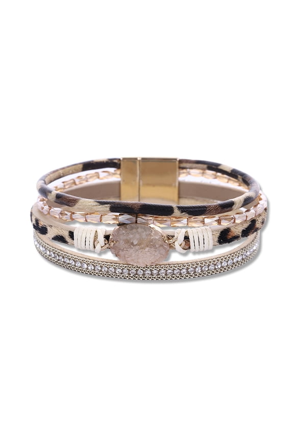 Cuff Bangle Four Layers Faux Crystal Rhinestone Retro Fake Leather Magnetic Clasp Wrap Bracelet
