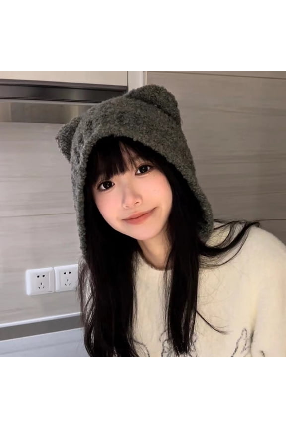 Cute Bear Ear Decor Earflap Ribbed Trim Winter Hat Women Solid Color Riding Woolen Yarn Cap Grey