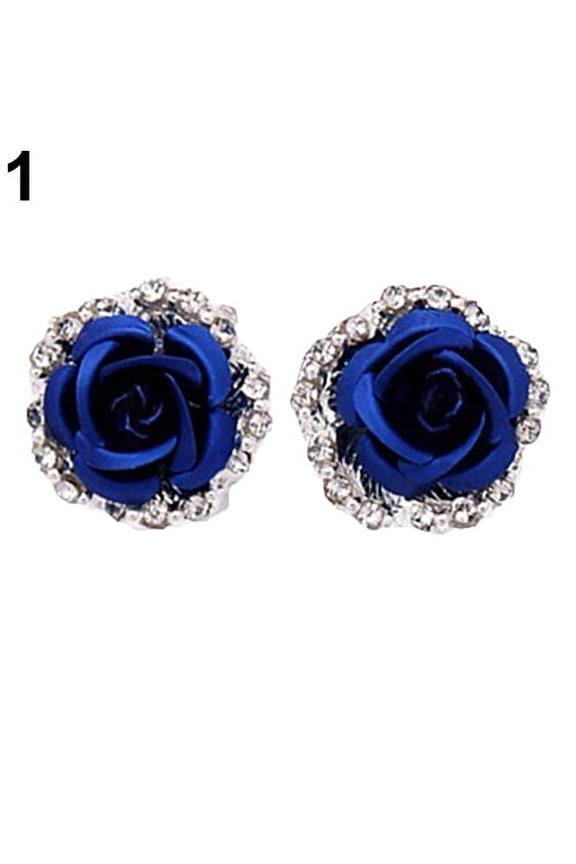 Elegant Rose Flower Rhinestone Ear Stud Clip Earrings Women Piercing Jewelry