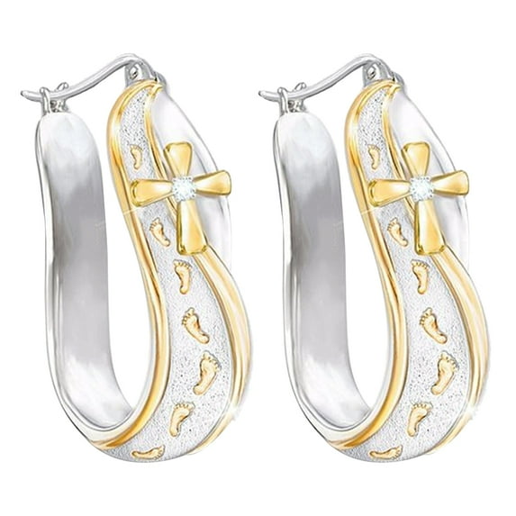 Opolski Fashion Dual Color Footprints Cross Sign Rhinestone Women Huggie Hoop Earrings