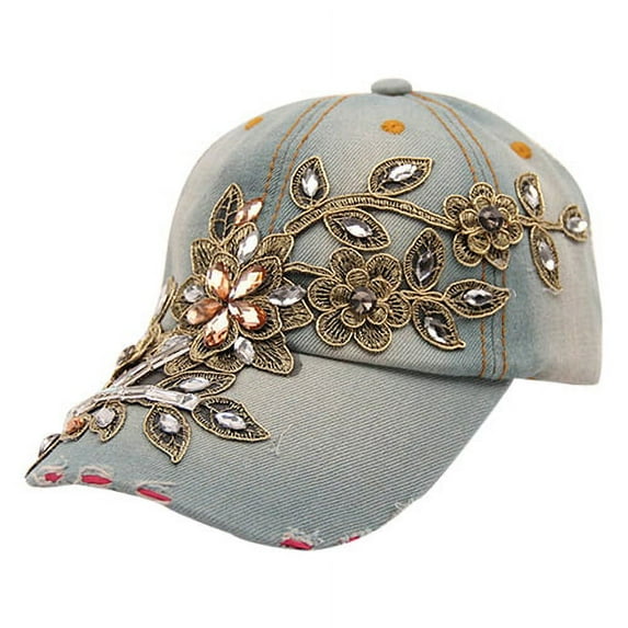 Opolski Flower Embossed Rhinestone Denim Baseball Cap Summer Fashion Women Jeans Hat