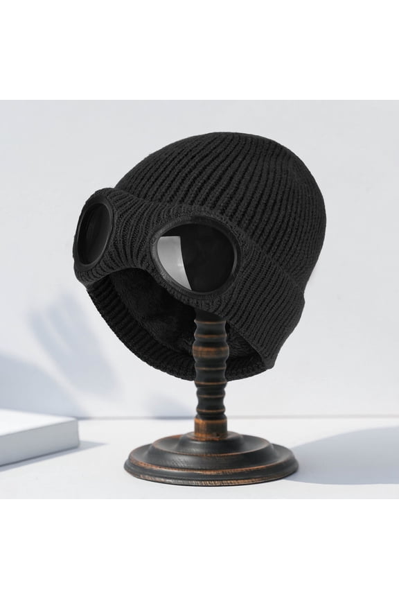 Knitted Hat Glasses Decor Stretchy Soft Plush Lining Casual Ears Solid Color Autumn Winter Women Men Skull Beanie Cap Streetwear Black