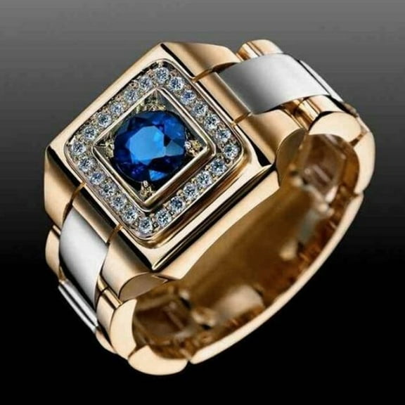 Opolski Luxury Men Faux Sapphire Inlaid Finger Ring Wedding Jewelry Valentines Day Gift