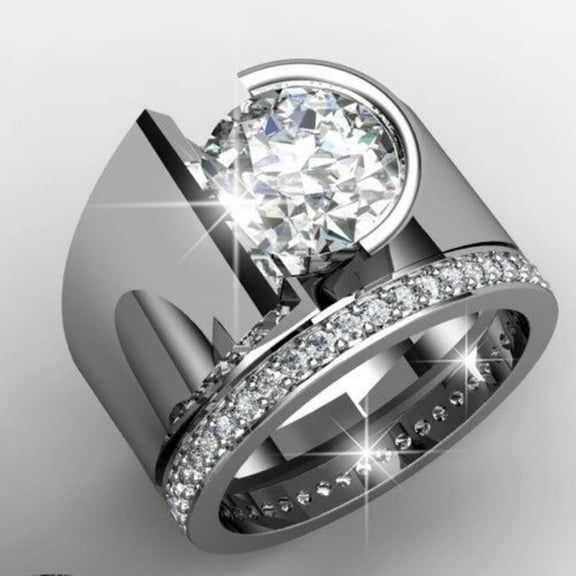 Opolski Luxury Women Round Rhinestone Inlaid Wide Band Geometric Ring Party Jewelry Gift
