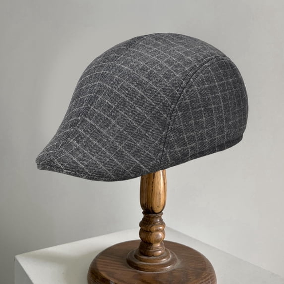 Opolski Men Beret Plaid Peaked Dome Short Brim Sweat Absorption Vintage Windproof Sun Protection Painter Hat Streetwear Coffee