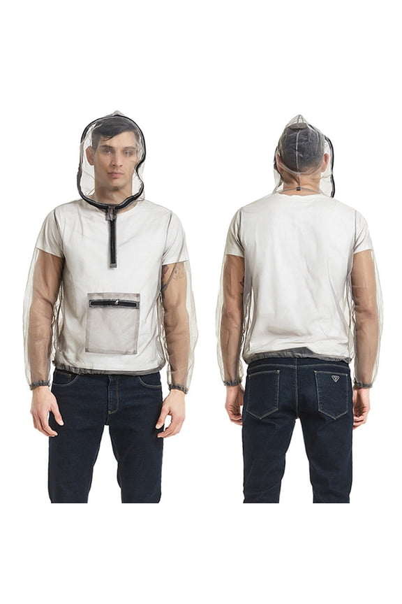 Men Outdoor Anti-mosquito Fishing Mesh Hooded Long Sleeve Jacket Coat Top Suit