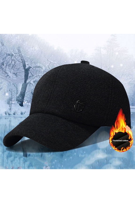 Men Winter Baseball Hat Long Brim Solid Color Windproof Cold Resistant Ear Protection With Earflap Cold Weather Father Outdoor Cap Black