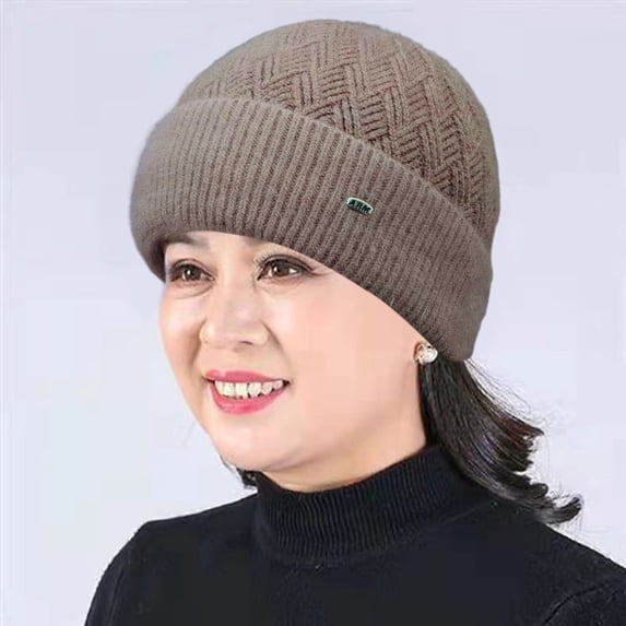 Opolski Middle-Aged Elderly Winter Woolen Hat Fleece Lining Thickened Mom Beanie Hat Warm Grandmother Knitted Hat Jujube Red