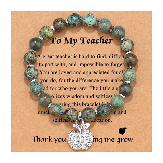 Opolski Natural Stone Bead Bracelet with Thank You Card Silver Color Fruit Charm Elastic Women Beaded Bracelet