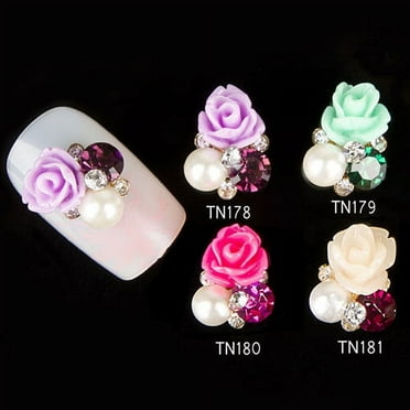 Opolski Pack Of 10 3D Rose Flower Nail Art Stickers Tips Studs Rhinestone Nail Decor Jewelry