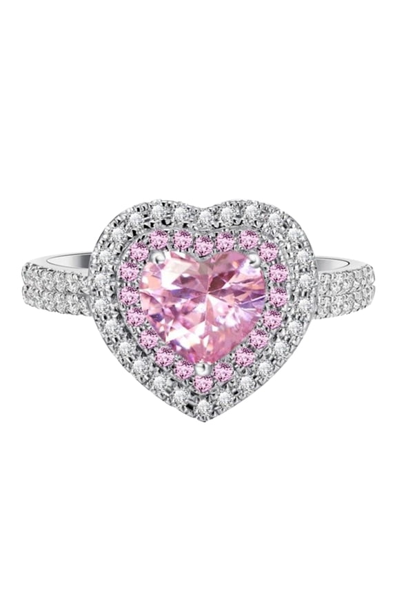 Pink Heart-shaped Rhinestone Ring Platinum Plated Women Jewelry Accessories