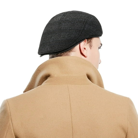 Opolski Plaid Print Earflap Thickened Fleece Lining Short Brim Beret Hat Winter Flat Peaked Mid-aged Men Painter Forward Hat Black