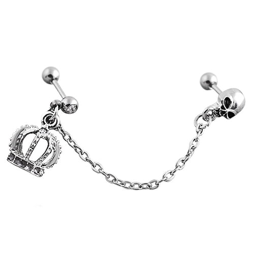 Opolski Punk Style Surgical Steel Crown Skeleton Ear Stud Chain Earring Piercing Jewelry