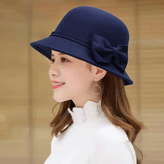 Opolski Solid Color Wide Brim Round Dome Sunscreen Windproof Woolen Hat Women Autumn Winter Elegant Bowknot Decor Felt Fedora Hat Daily Wear Red