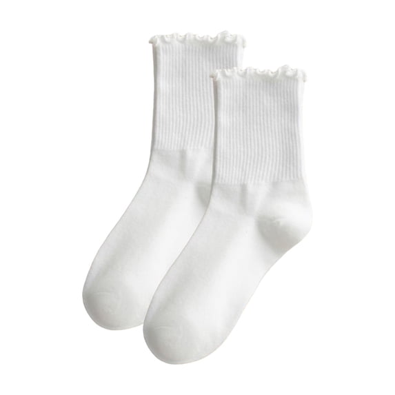 Opolski Solid Color Women Socks Versatile Mid-calf Socks Women's Coffee Mid-calf Lace Socks Retro Fungus Edge Stacked Solid Color Sweat-absorbent for Sports White