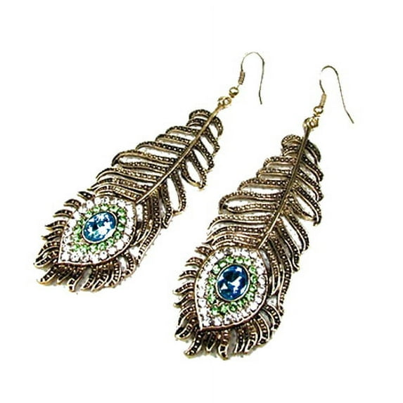Opolski Vintage Women Rhinestone Peacock Eye Feather Dangle Hook Earrings Jewelry