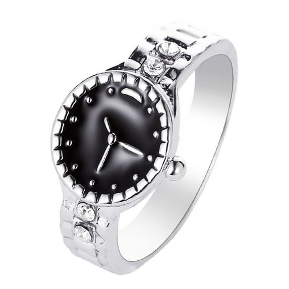 Opolski Watch Shape Rhinestone Alloy Pointer Round Dial Couple Finger Ring for Cocktail Party