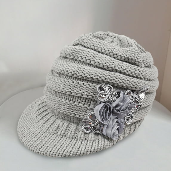 Opolski Wide Brim Earflap Solid Color Knitted Cap Women Winter Sequins Flower Decor Beret Hat Red