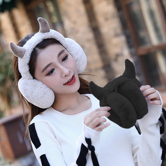 Opolski Winter Earmuff Foldable Plush Horn Decoration Solid Color Fluffy Keep Warm Thick Unisex Costume Prop Lady Winter Ear Cover Winter Headdress Pink Purple