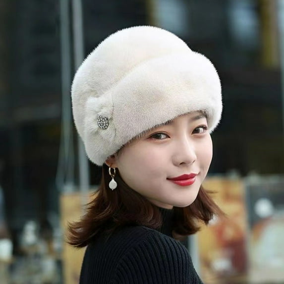 Opolski Winter Hat Russian Faux Rabbit Fur Flower Decor Thickened Luxury Keep Warm Solid Color Autumn Winter Thermal Middle-aged Women Cap for Outdoor Beige