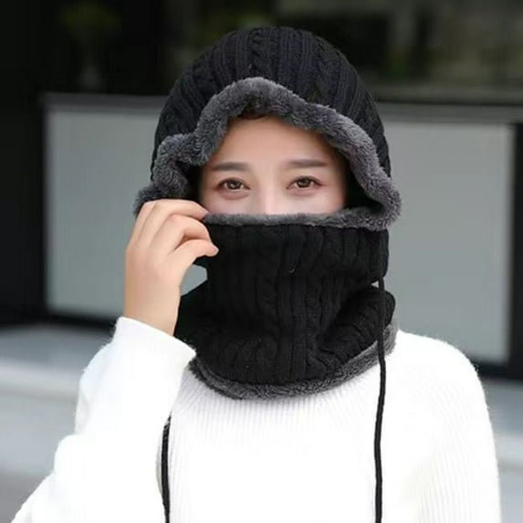 Opolski Winter Hat Solid Color No Brim Hooded Cotton Thread Thickened Keep Warm Head Wear Men Neck Warmer Beanie One-piece Cap Clothing Accessories Navy Blue