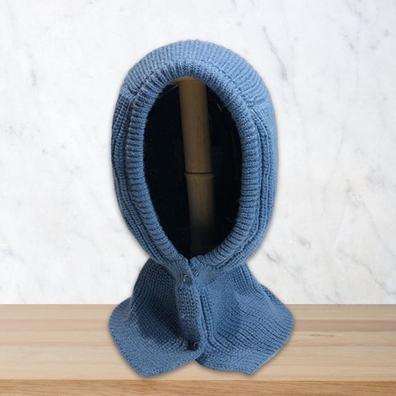 Opolski Women Balaclava Scarf One Piece Solid Color Button Placket Knitted Thicken Keep Warm Elastic Casual Outdoor Hat Scarf for Lady Light Grey