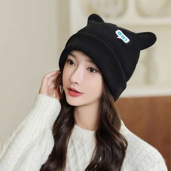 Opolski Women Beanie Hat Ears Solid Color Letters Brimless Dome Windproof Korean Style Knitting Cap for Outdoor Skiing Cycling White