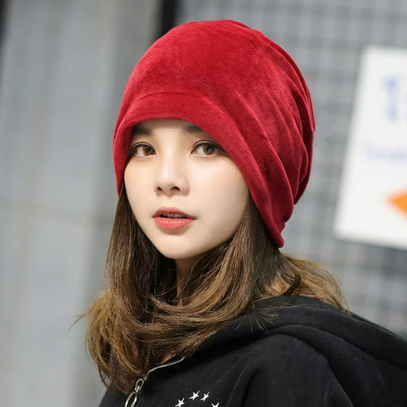 Opolski Women Beanie Hat Elastic Soft Solid Color Baggy Slouchy Keep Warm No Brim Plush Women Winter Beanie Red