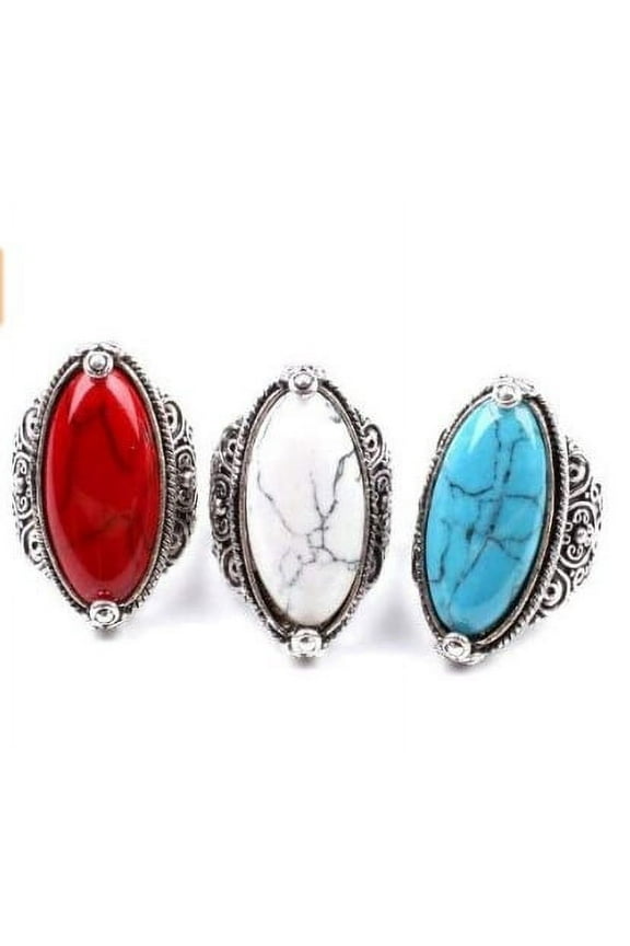 Women Boho Knuckle Rings Vintage Oval Turquoise Antique Silver Plated Carving Ring Jewelry Exquisite Finger Rings Jewelry for Party Banquet